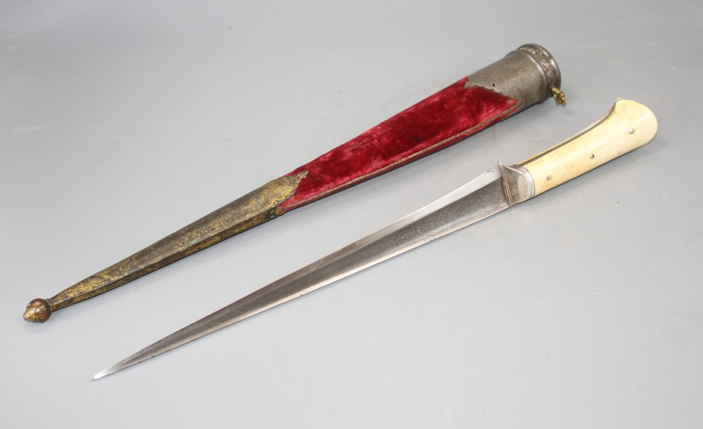 An Indian dagger pesh kabz, 18th century, slender T-section blade 28cms of finely watered steel engraved,